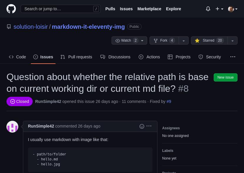 Screenshot of GitHub issue with title &quot;Question about whether the relative path is base on current working dir or current md file?&quot; with the first entry in the issue describing how their blog posts have images in the same directory as the post