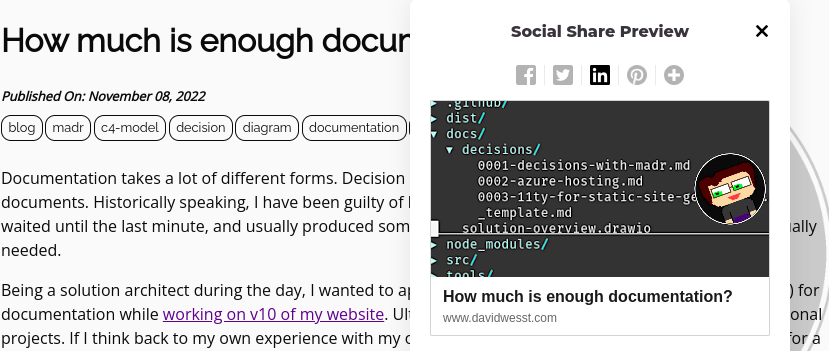 A window displaying a preview of what a LinkedIn post of the 'How much is enough documentation?' blog post on davidwesst.com