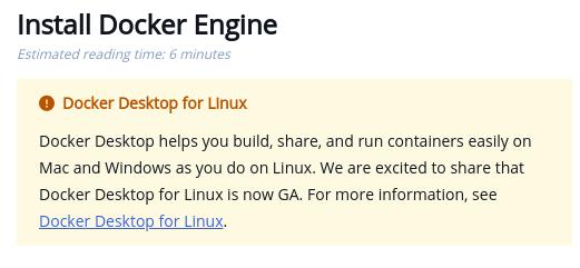 Docker documentation page with a banner highlighting that Docker for Desktop now exists for Linux