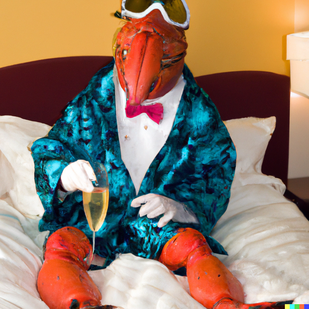 a portrait of the lobster dressed for bed and sipping a glass of champagne after a one night stand in Seattle. The lobster is sitting on a hotel bed, wearing an oversized aqua robe, with a shirt and bowtie, but no pants, and a set of ski goggles.