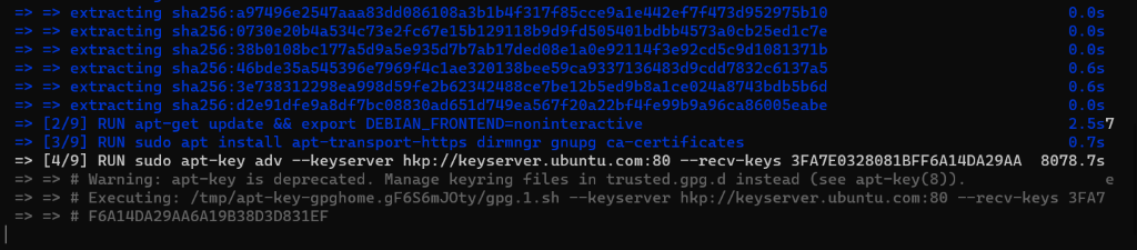 A terminal window showing the steps of a docker build command along with their run times. The command that is currently being run is an apt-key command that is still running after 8078.8 seconds