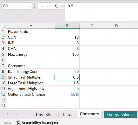 Gameplay-model spreadsheet showing player stats and adjustable energy-balance constants, including base energy cost, task multipliers, and optional task chance.