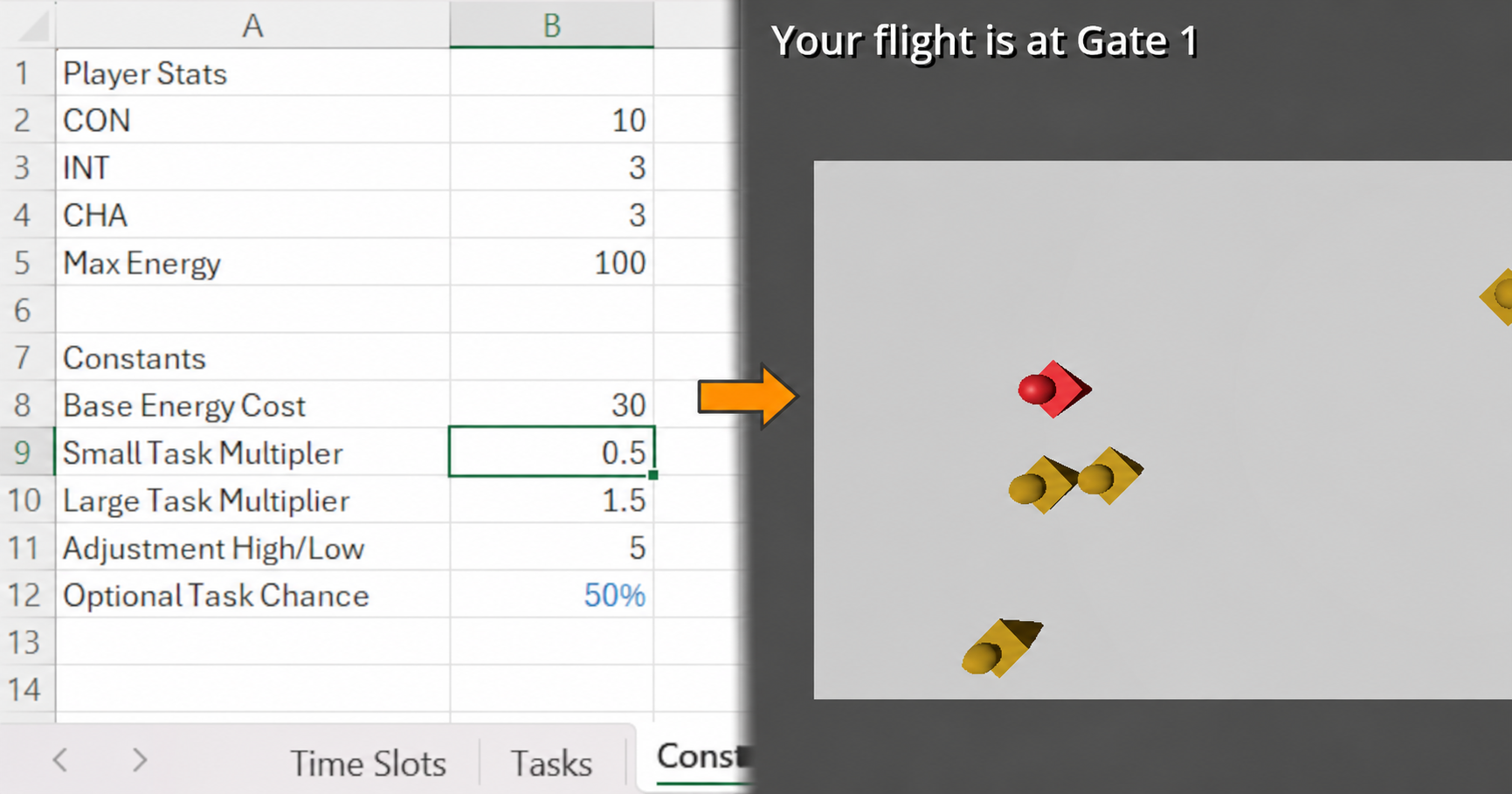 A player-stats and energy-balance spreadsheet with an arrow pointing to the Passenger game prototype.