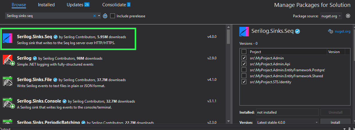 Add Serilog Sink Seq Package to Projects