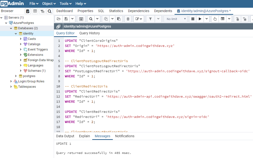 IdentityServer4 SQL Data Configuration changes