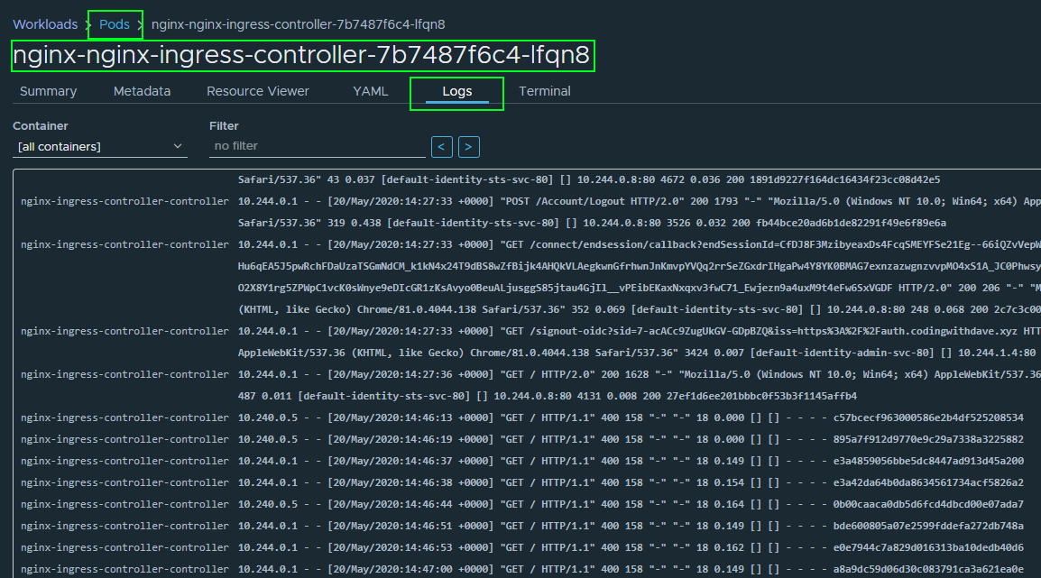 nginx pod logs