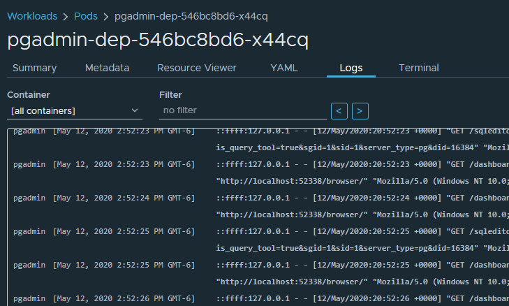 pgAdmin4 logs in the pod